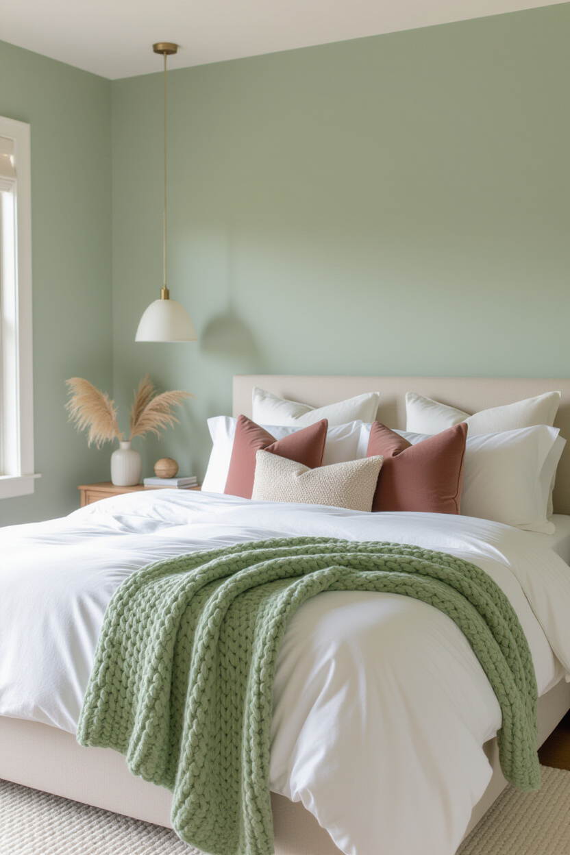 sage bedroom, sage green walls, sage green bedrooms, green wood room, sage green painted bedroom