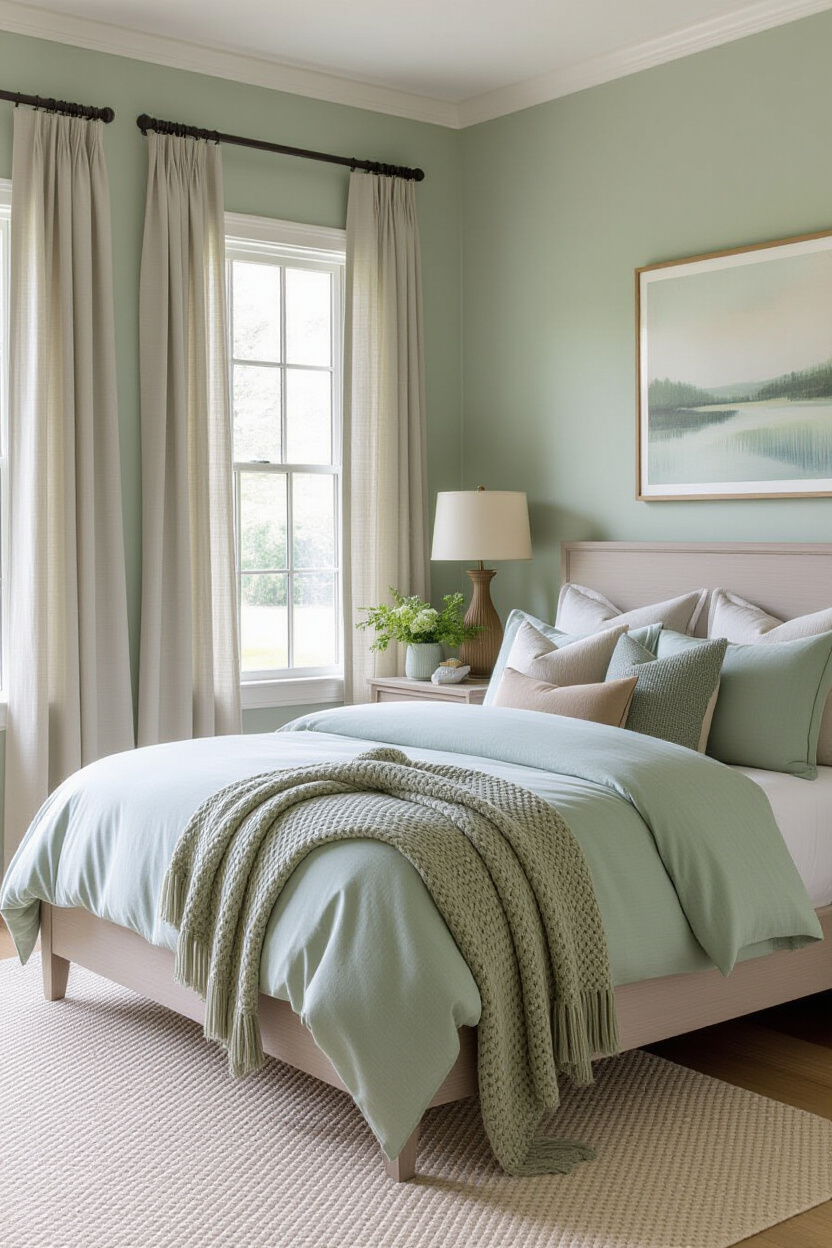 light green bedrooms, sage green walls, bedroom in sage green, light green bedroom furniture, light sage green bedroom walls