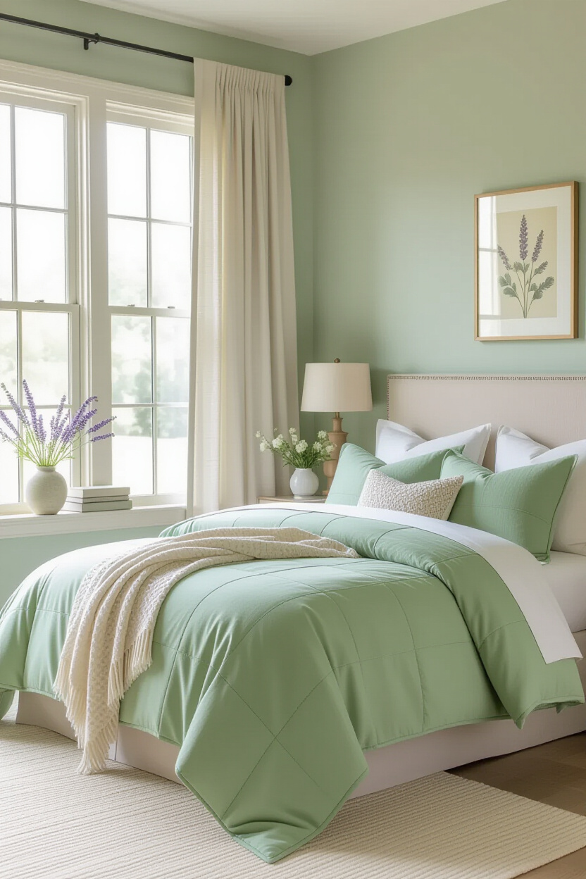 sage green walls, light green bedrooms, green bedroom walls, light green bedroom furniture, olive green headboard bedroom ideas