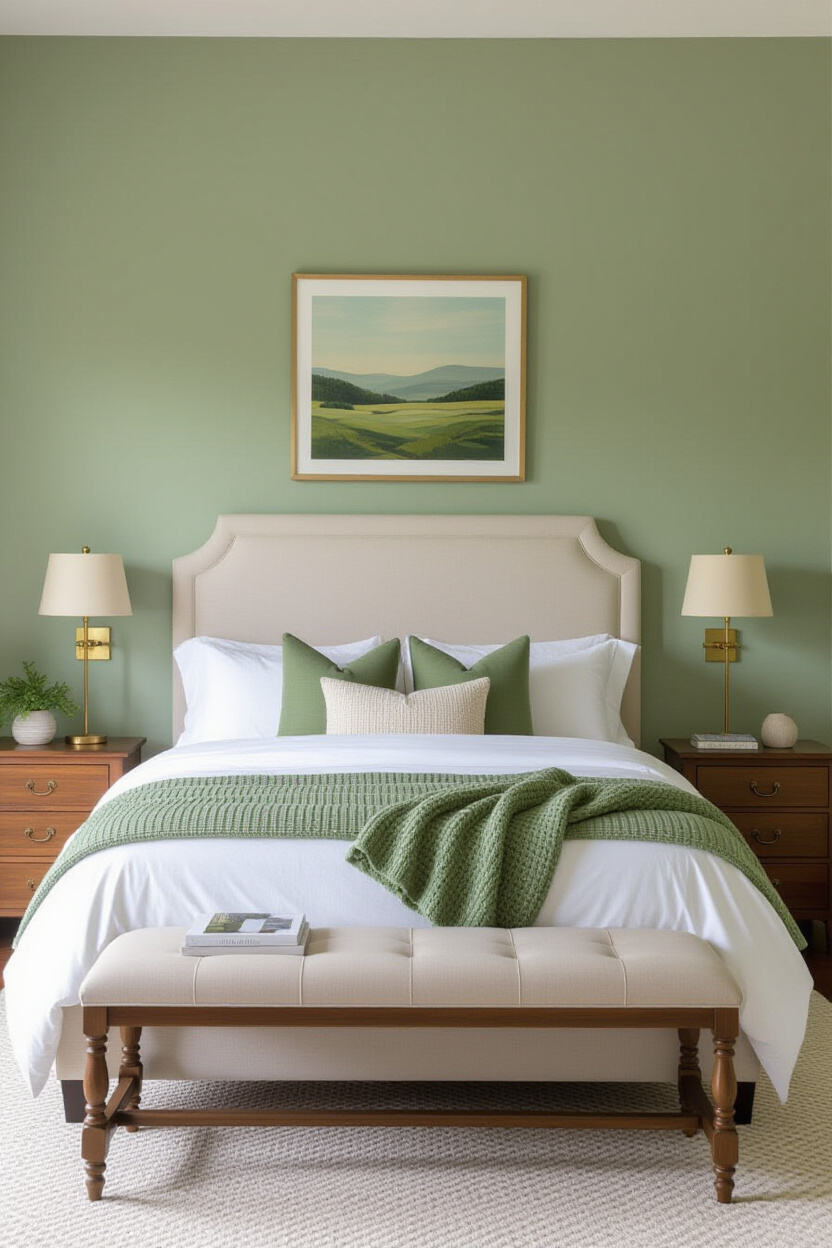 sage green walls, sage green bedroom, sage green furniture, olive green headboard bedroom ideas, vintage green bedroom style