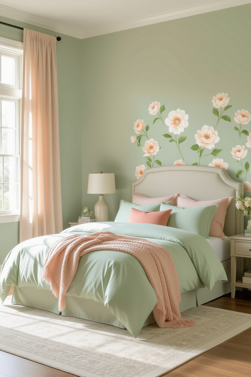 sage green bedroom, green bedroom decor, sage green and white bedroom, sage green curtains, rustic green bedroom