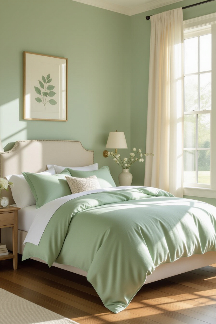 sage green bedroom, sage green walls, light sage green bedroom walls, olive green headboard bedroom ideas, light green bedroom furniture