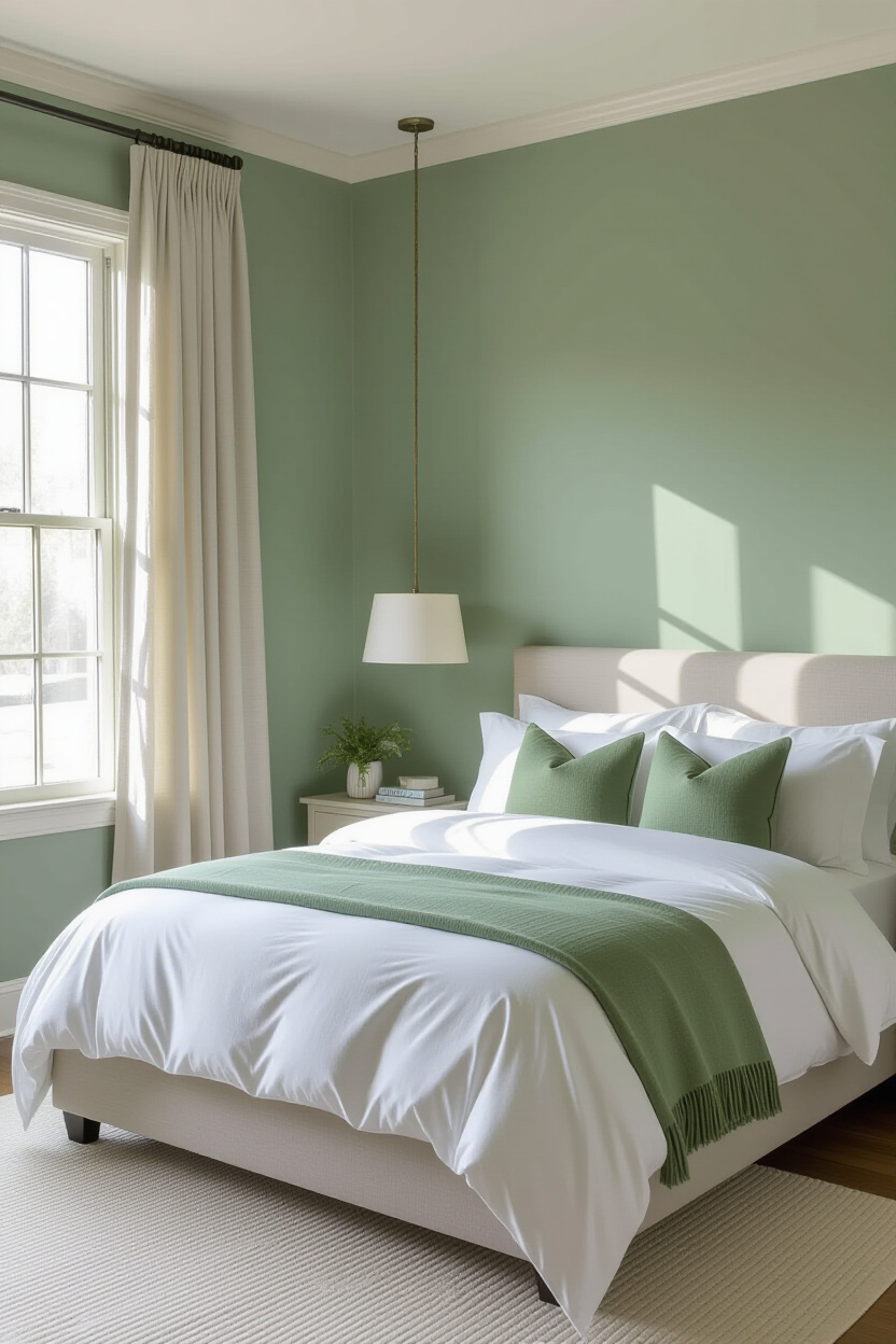 sage green bedroom, sage green walls, olive green headboard bedroom ideas, rustic bedroom, rustic sage green bedroom