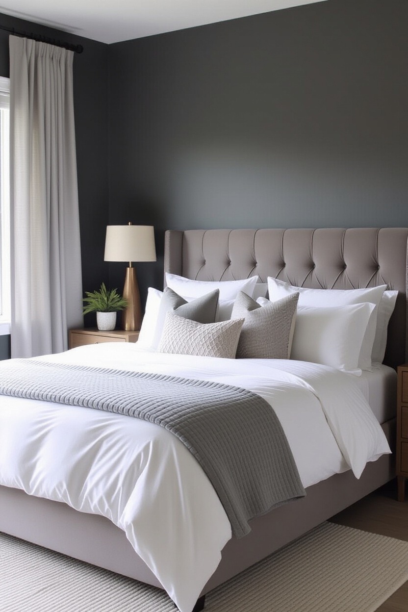 grey bedroom decor, modern grey bedroom, charcol grey bed set, dark grey mens bedroom, bedroom wall colors