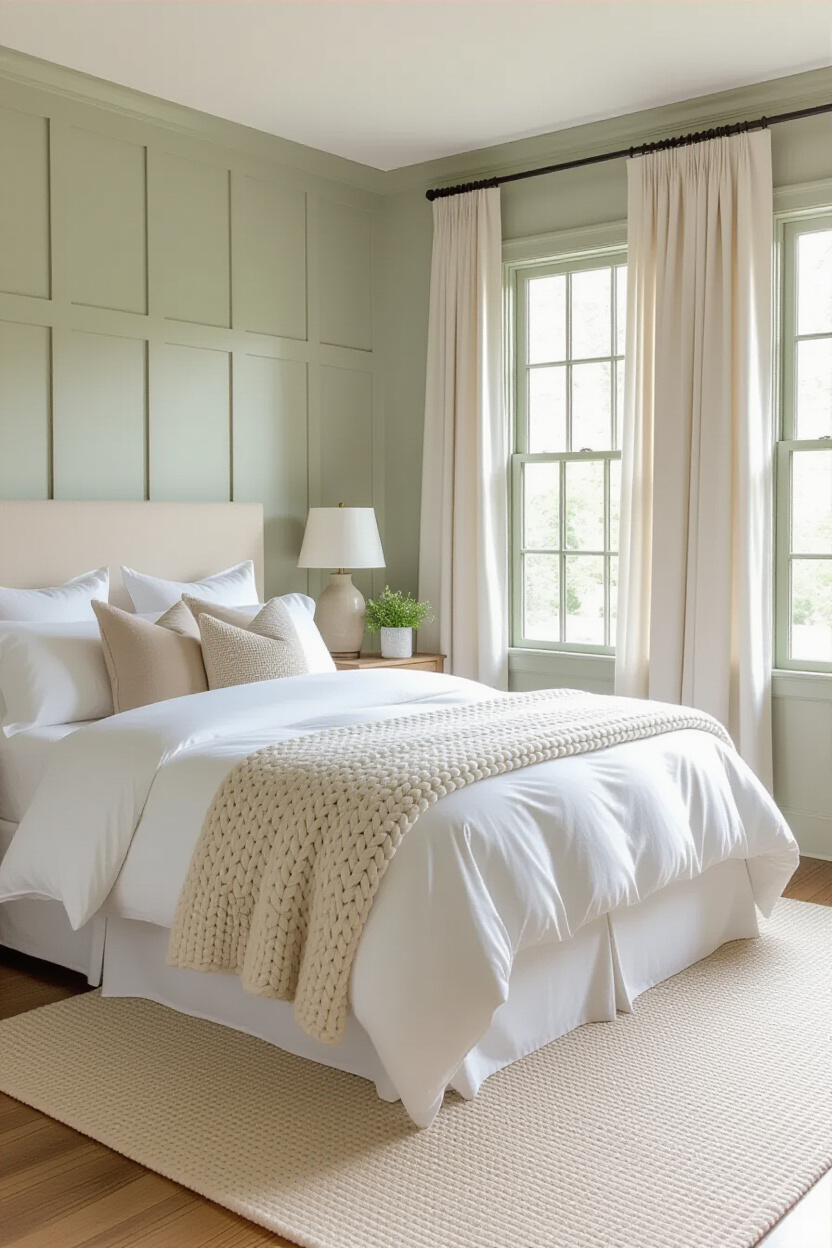 bedroom green, green bedroom decor, sage green and white bedroom, sage green curtains, light sage green bedroom walls