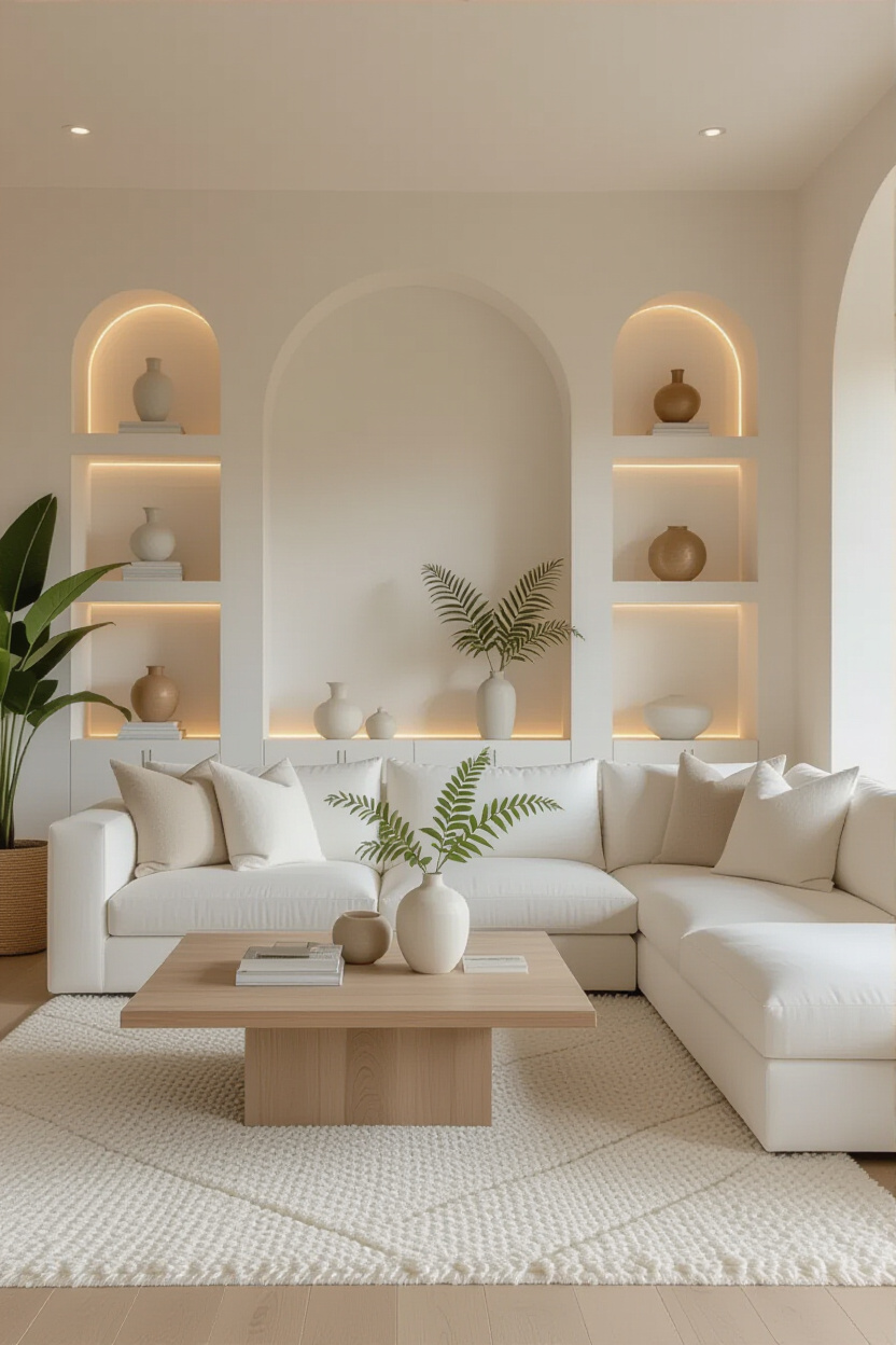 Elevated Living: A Modern Living Room with Built-In Shelving and Natural Accents