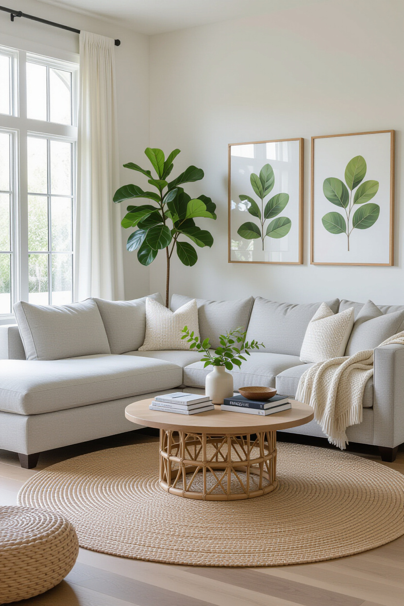 Embrace Serenity: A Gray Sofa Living Room with Natural Texture and Minimalist Charm