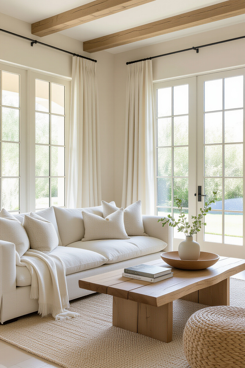 modern farmhouse living room, organic living room, cozy contemporary living room, natural modern living room, modern french cottage living room