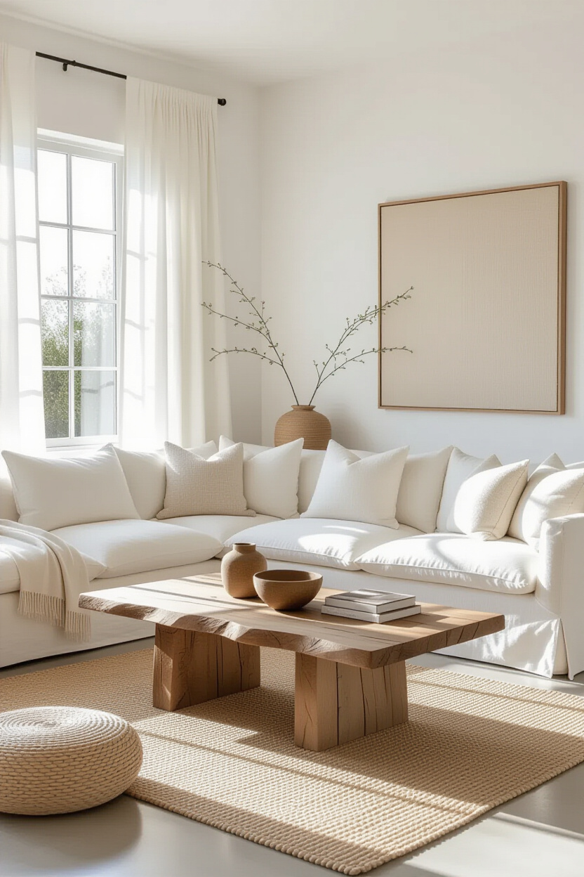 modern rustic living room, organic luxury living room, cozy contemporary living room, natural modern living room, modern french cottage living room