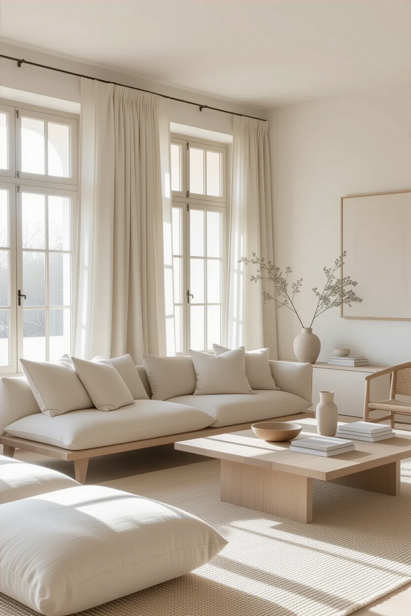 japandi interior design, japandi living room, cozy japandi interiors, japandi dining lighting, japandi style furniture