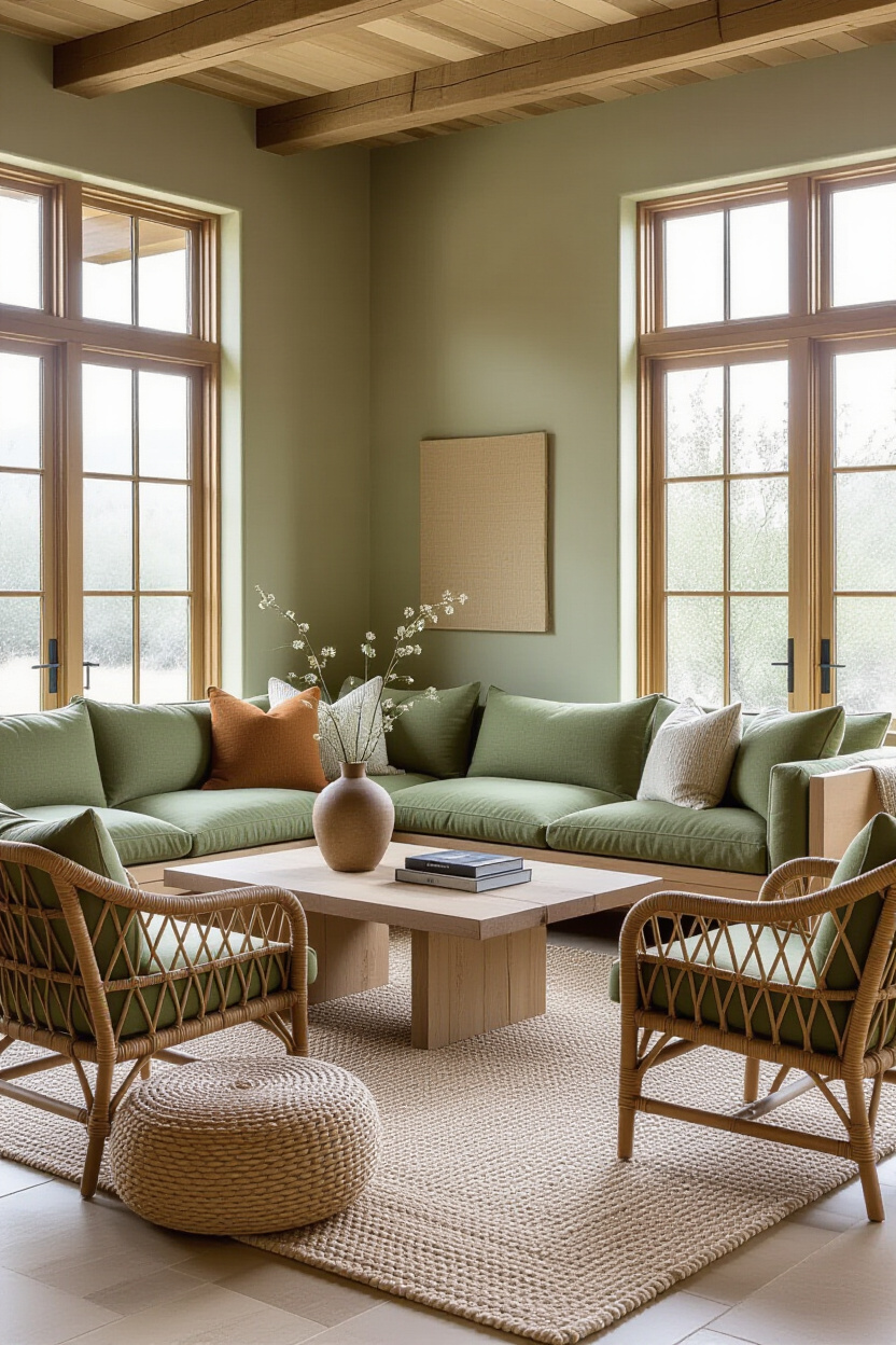 modern farmhouse living room, organic modern living room, modern barn-style living room, low ceiling modern living room, natural modern living room