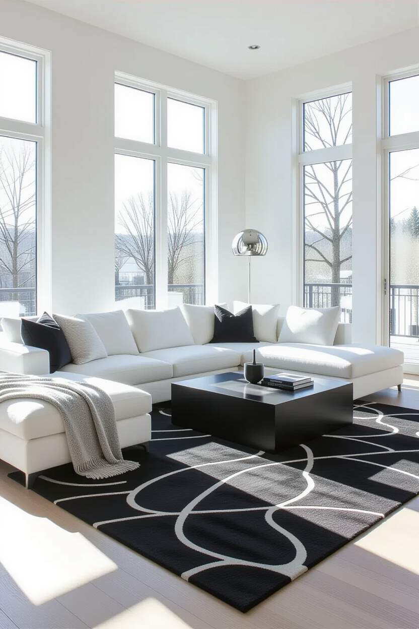 A minimalist living room featuring a large white sectional sofa, a black abstract rug, and a sleek b