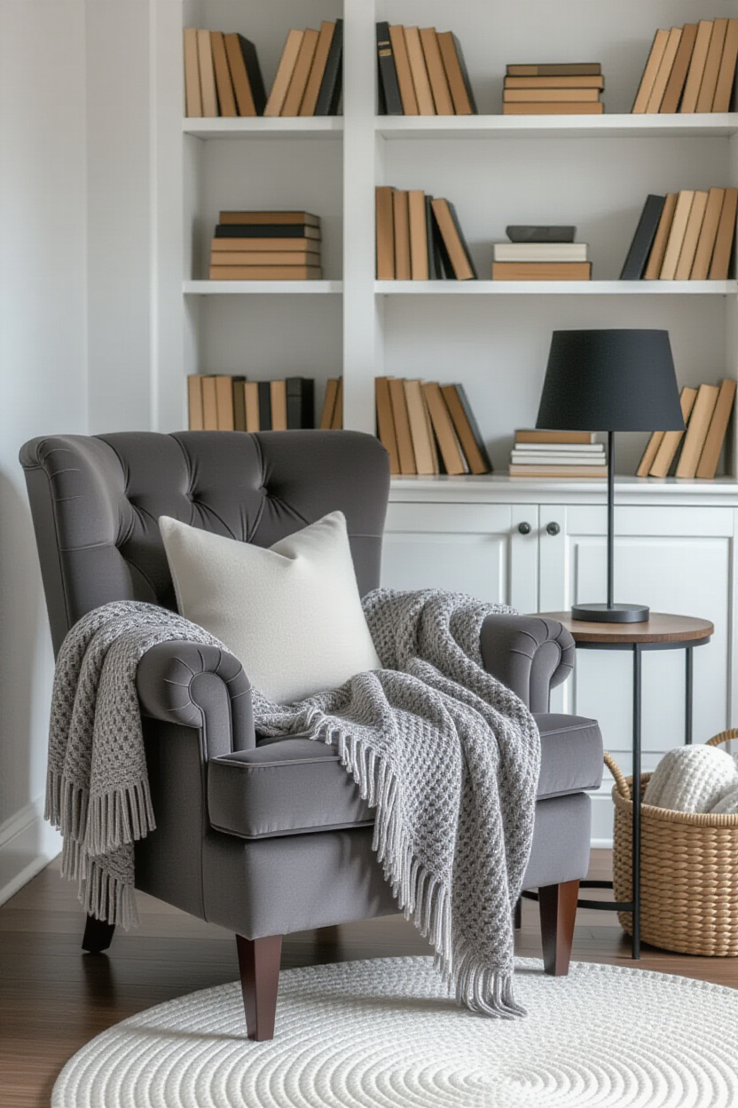 A cozy reading nook with a plush charcoal grey armchair, a small side table with a black lamp, and a