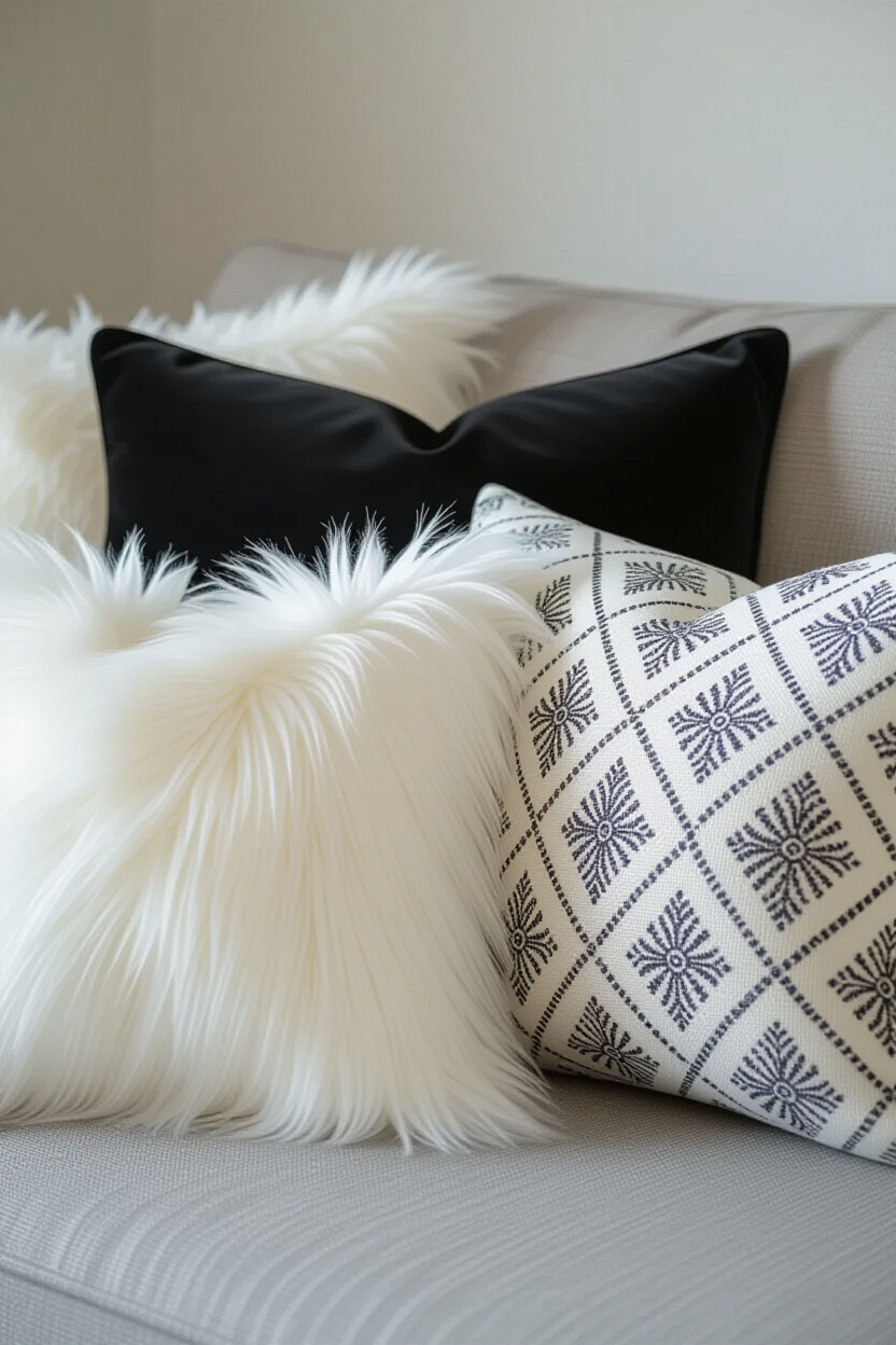 Close-up shot of a collection of throw pillows on a grey sofa, showcasing a variety of textures: a b