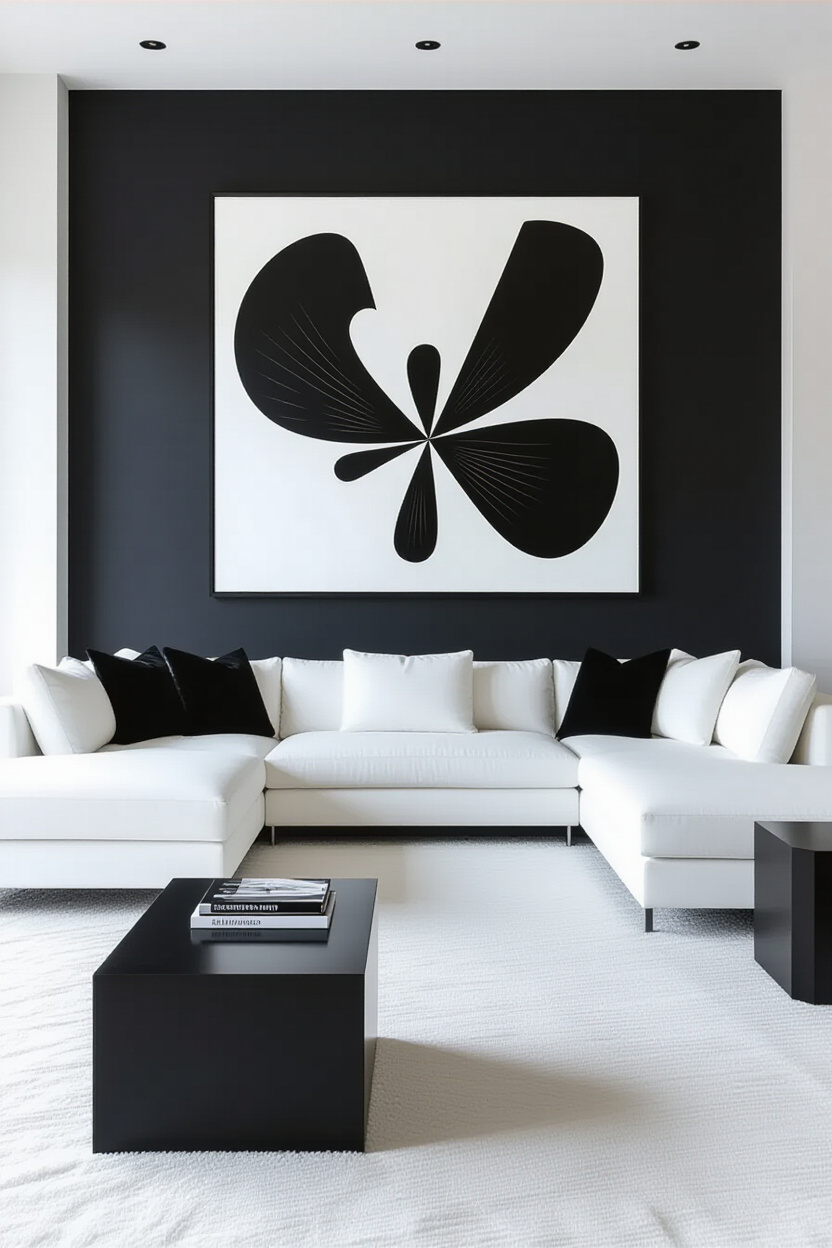 A contemporary living room with a dramatic black accent wall behind a large, white sectional sofa. A