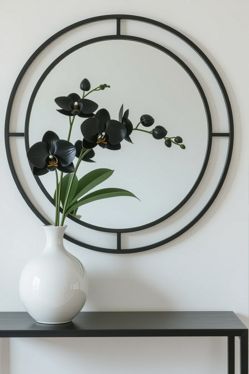 A close-up of a black metal-framed round mirror hanging on a crisp white wall. Below it, a black con