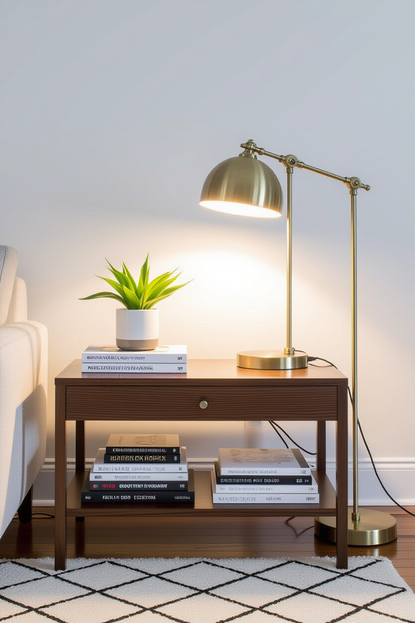 A living room corner with a black and white patterned rug. A warm wooden side table holds a collecti