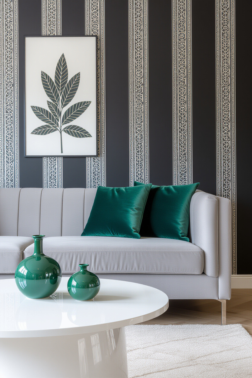 A stylish living room with black and white striped wallpaper. A plush grey sofa is adorned with two 