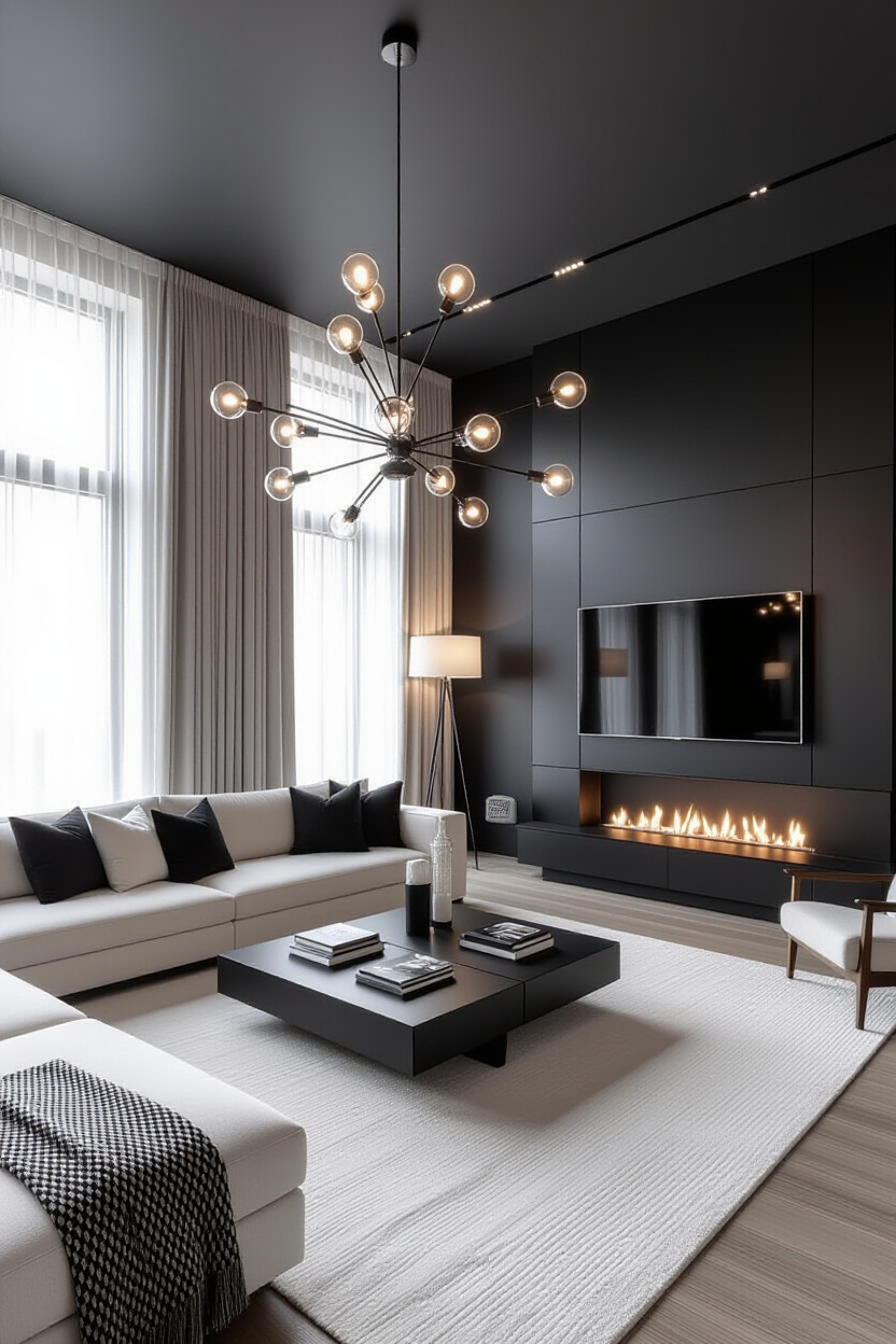 Black and White Living Room Decor with Modern Accent Walls