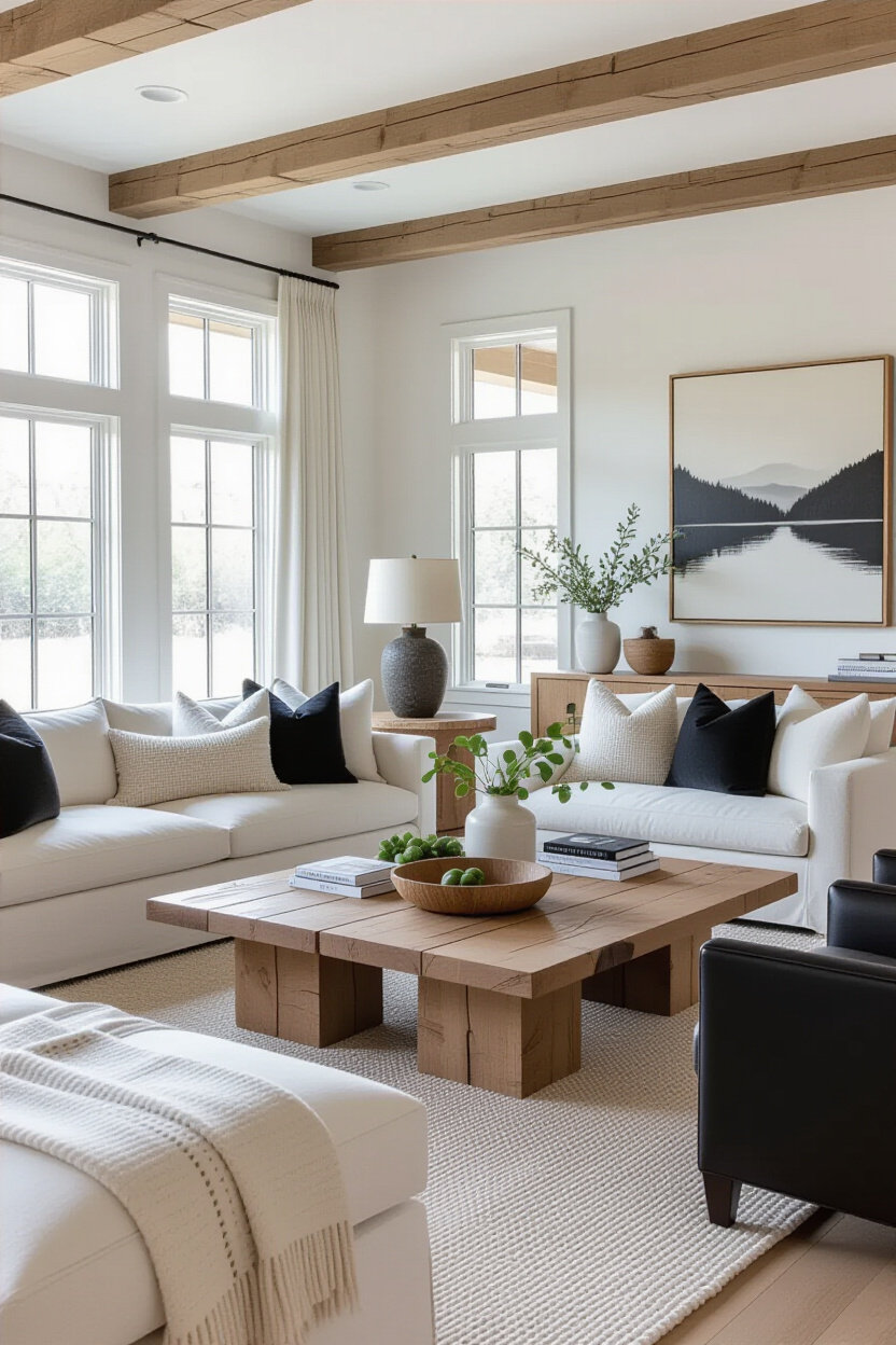Black and White Living Room Decor with Natural Wood Accents