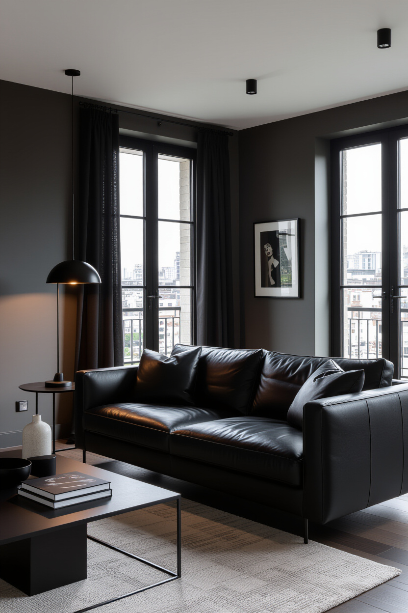 Black Leather Couch Living Room Decor Aesthetic