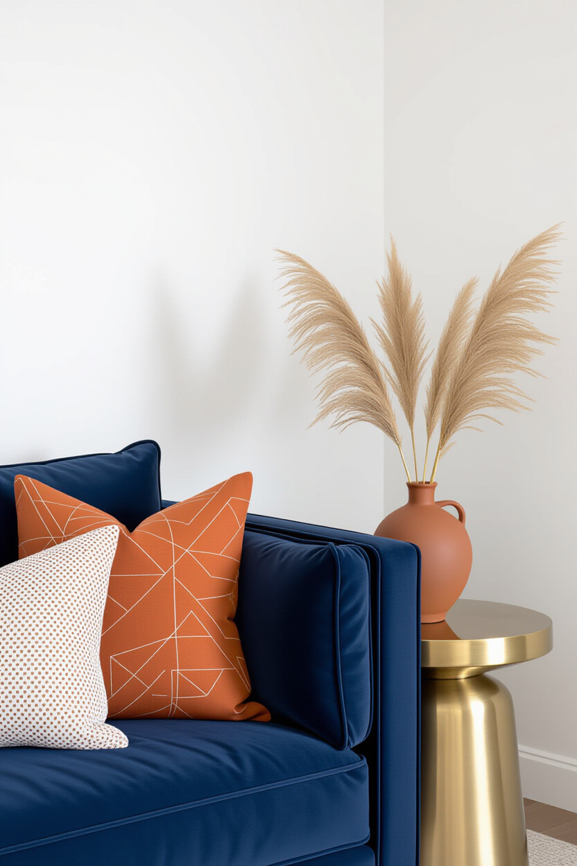 A close-up shot of a deep navy blue velvet couch. Next to it, a throw pillow in a burnt orange linen