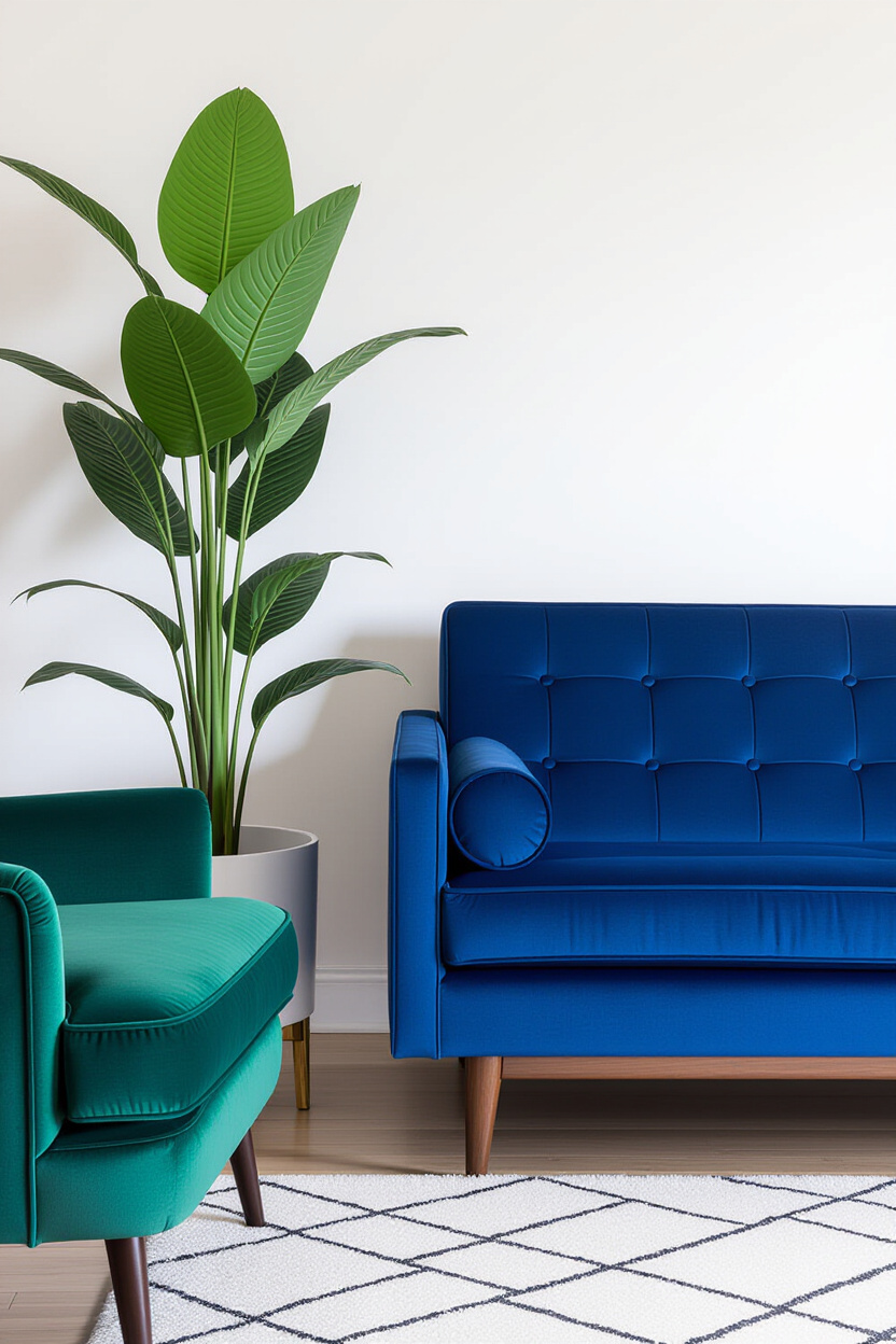 A corner of a living room featuring a mid-century modern style couch in a vibrant royal blue. Beside