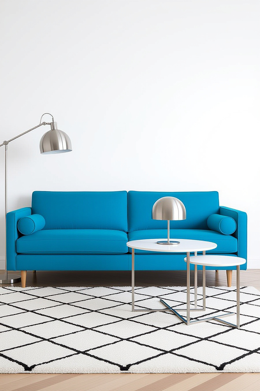 A minimalist living room with a bright, electric blue sofa. In front of it, a large, textured rug in