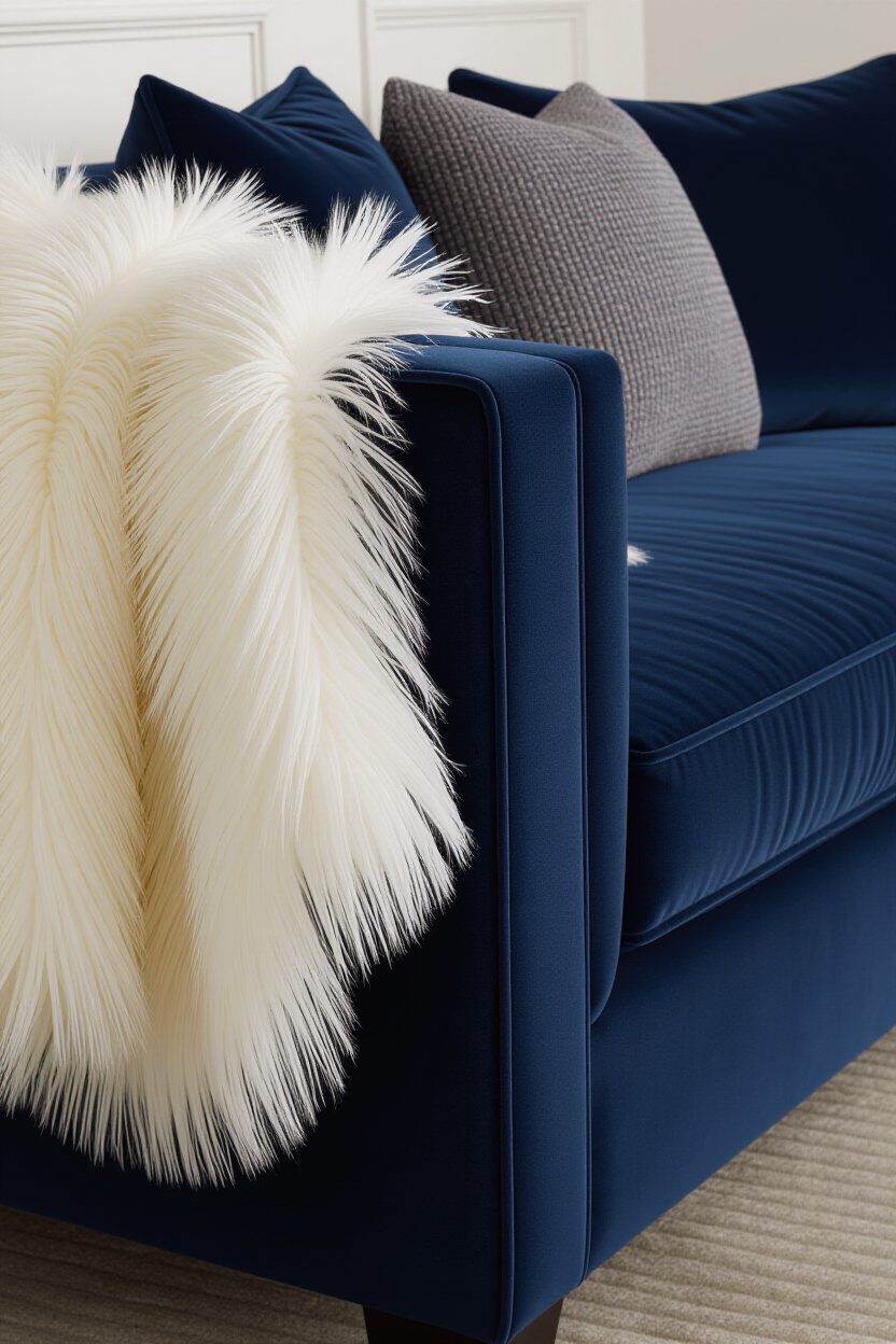 A close-up view of a deep navy blue velvet sofa. Draped over the arm is a fluffy, cream-colored faux