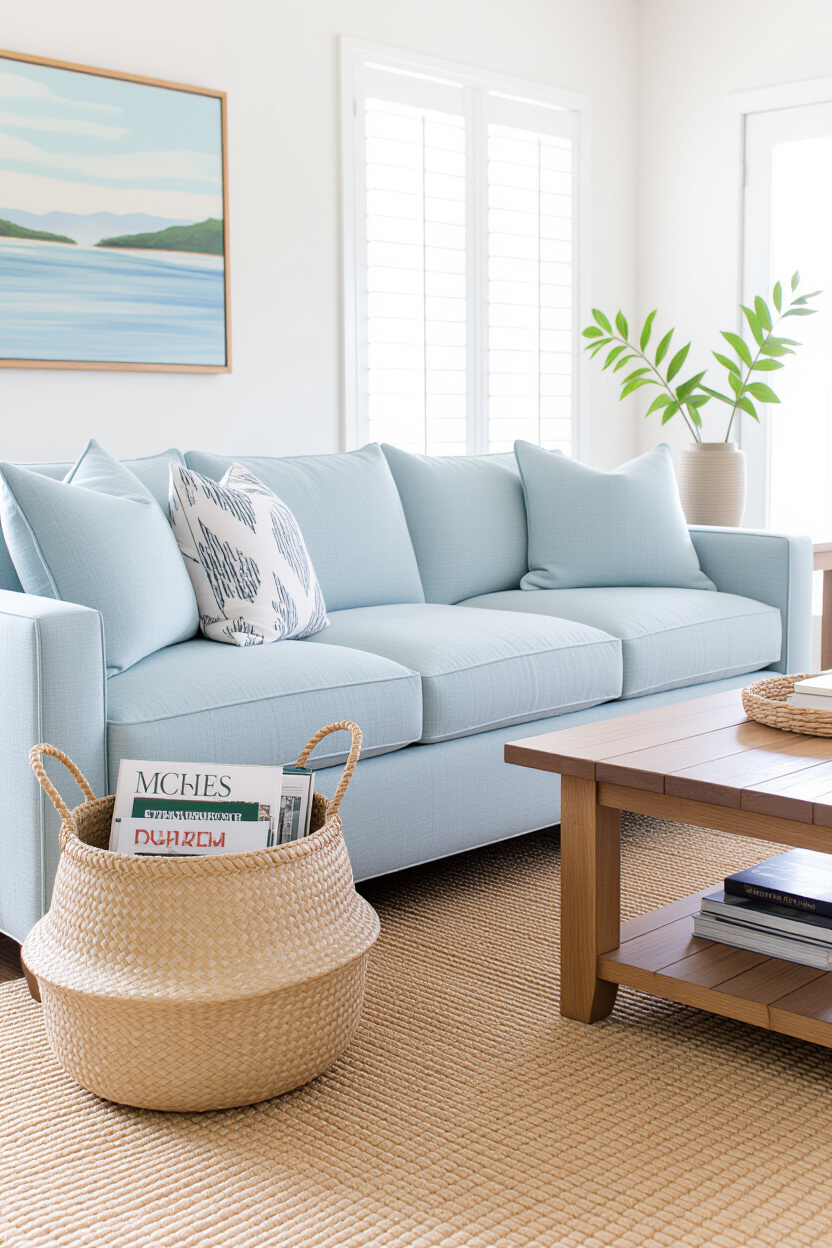 A bright, airy living room with a sky blue linen couch. In front of it, a natural fiber rug with a v