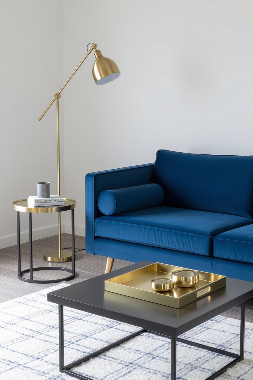 A modern living room with a sapphire blue velvet couch. Beside it, a slim side table with a polished