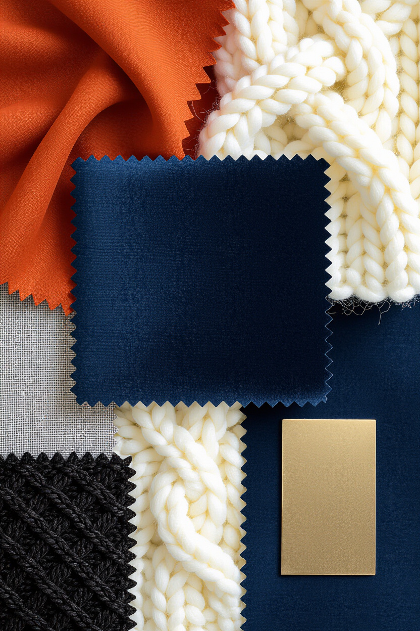 A mood board or collage of different fabric swatches and color samples. The central element is a swa