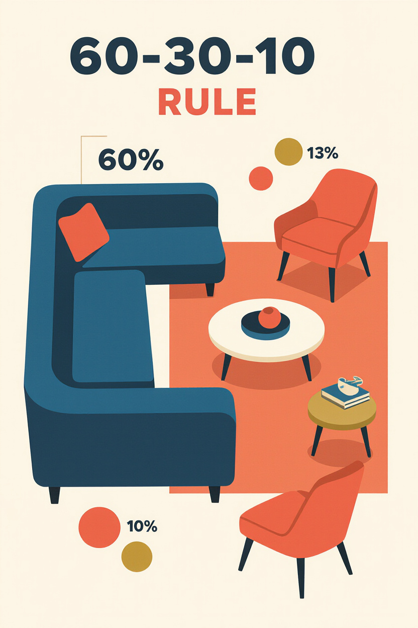 A visual diagram illustrating the 60-30-10 rule. It shows a room layout where a large blue area repr