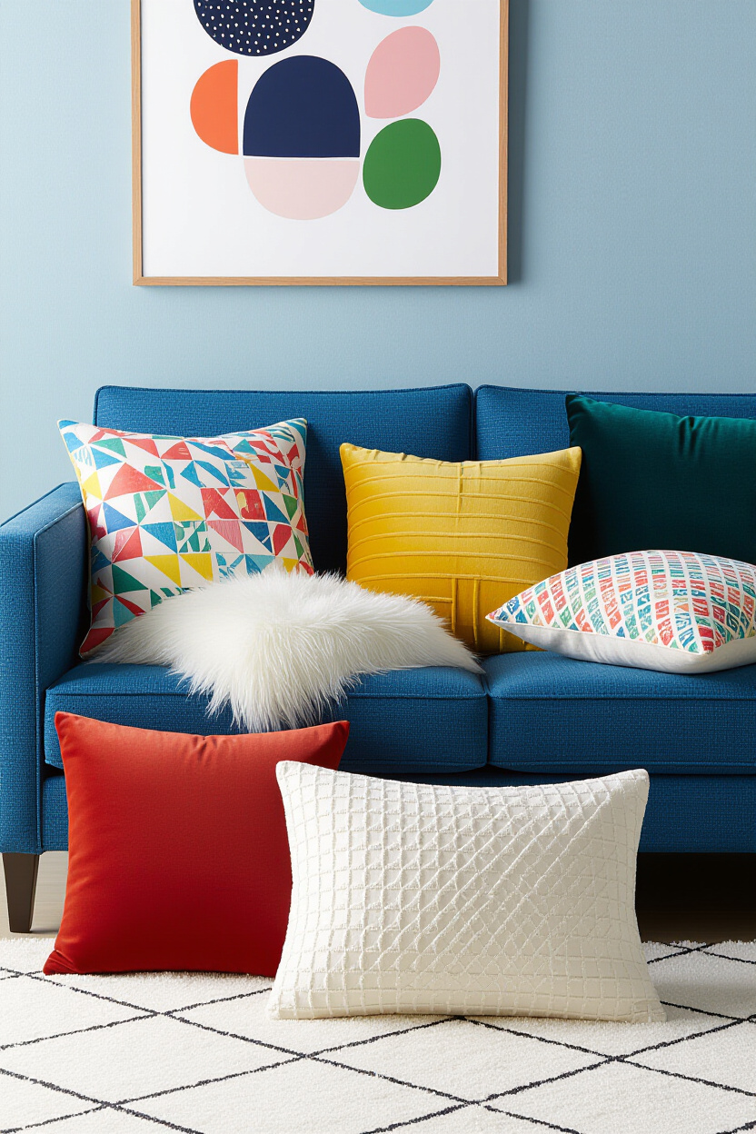 A playfully arranged collection of colorful and textured throw pillows on a blue couch. Pillows incl