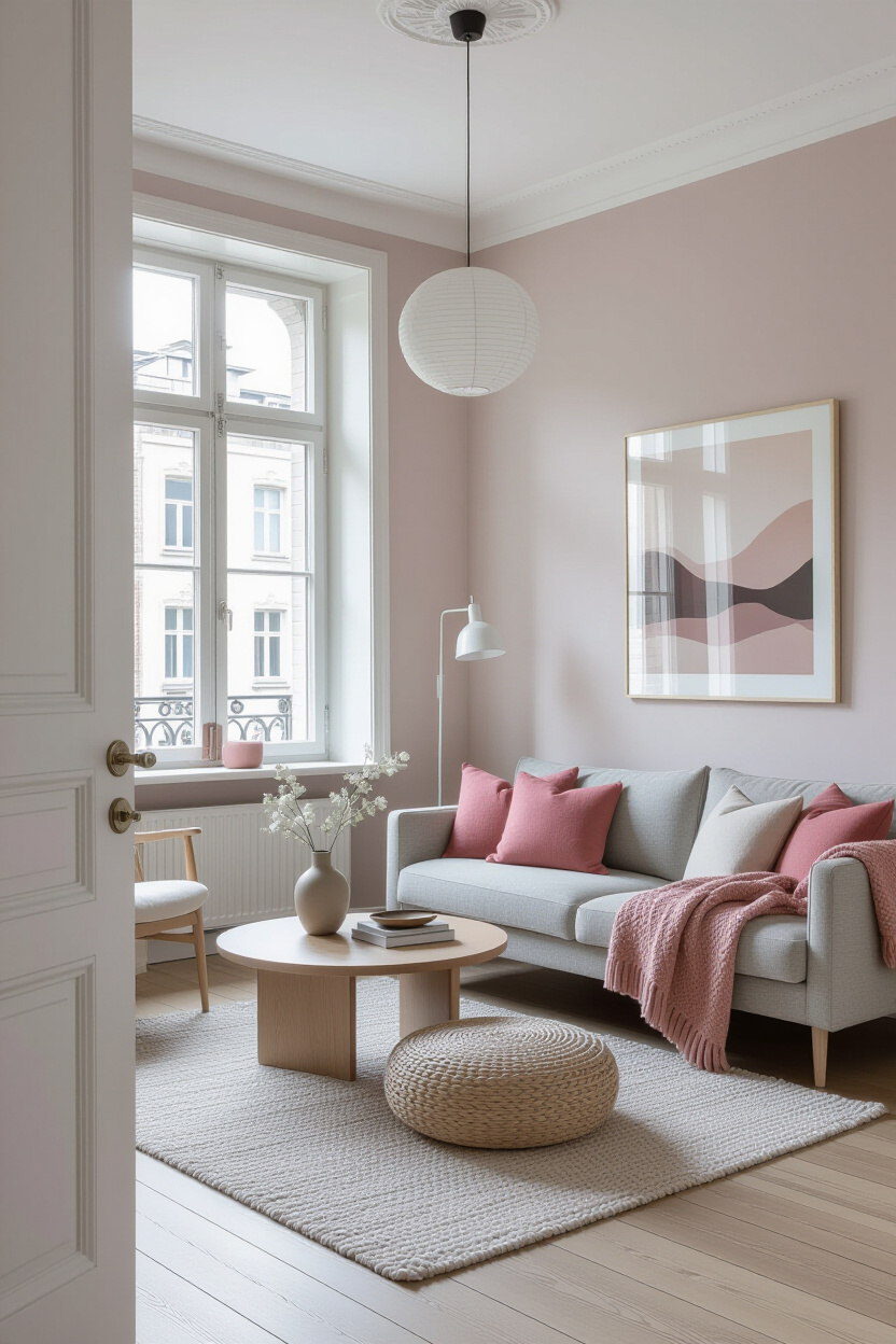 Blush And Gray Living Room Wall Design