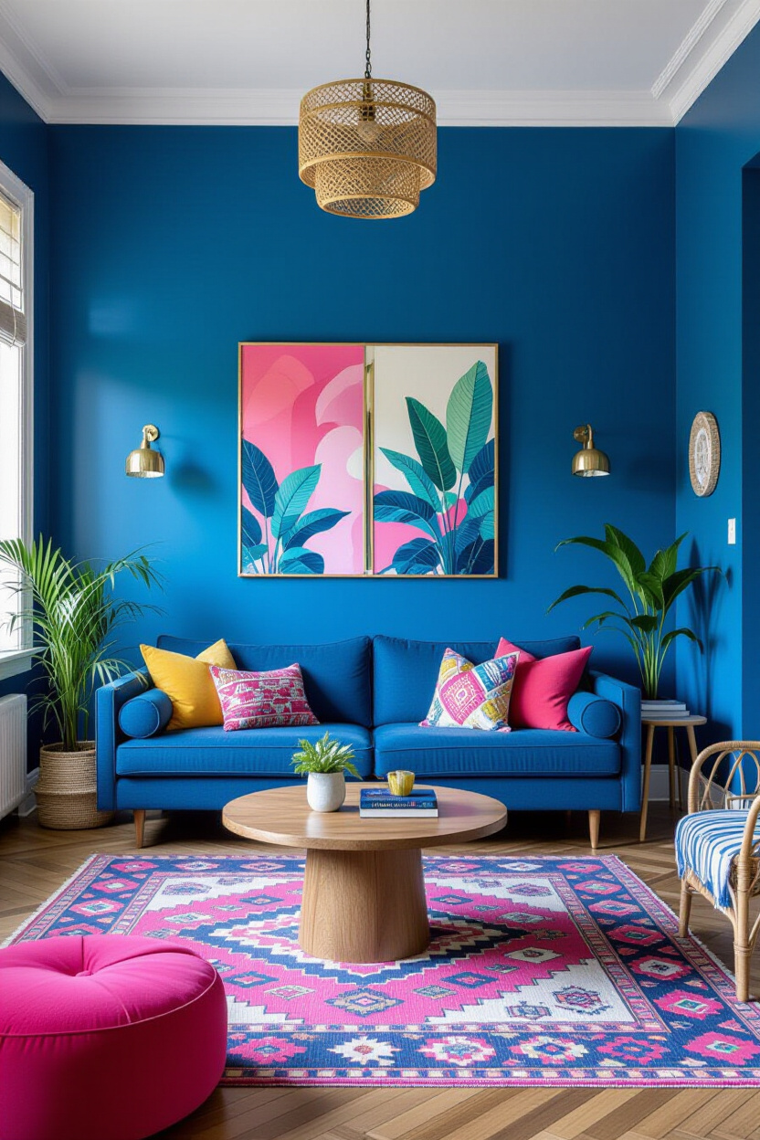 Bold Blue Living Room Wall Design