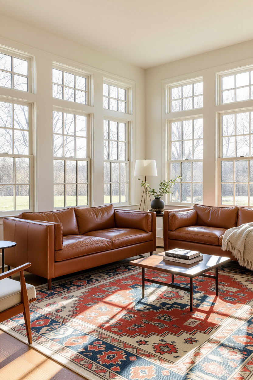 Brown Leather Couch Living Room Decor Area Rugs: Grounding Your Style