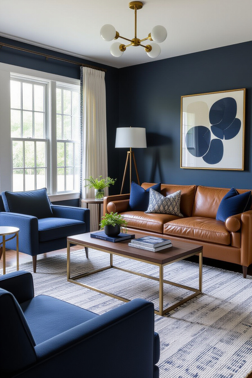 Brown Leather Couch Living Room Decor Navy Blue: A Bold Contrast