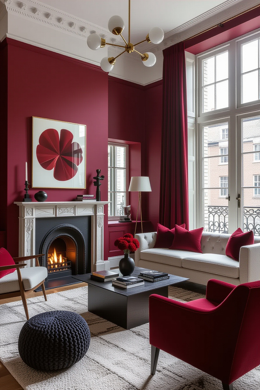 Burgundy Red Living Room Statement Wall