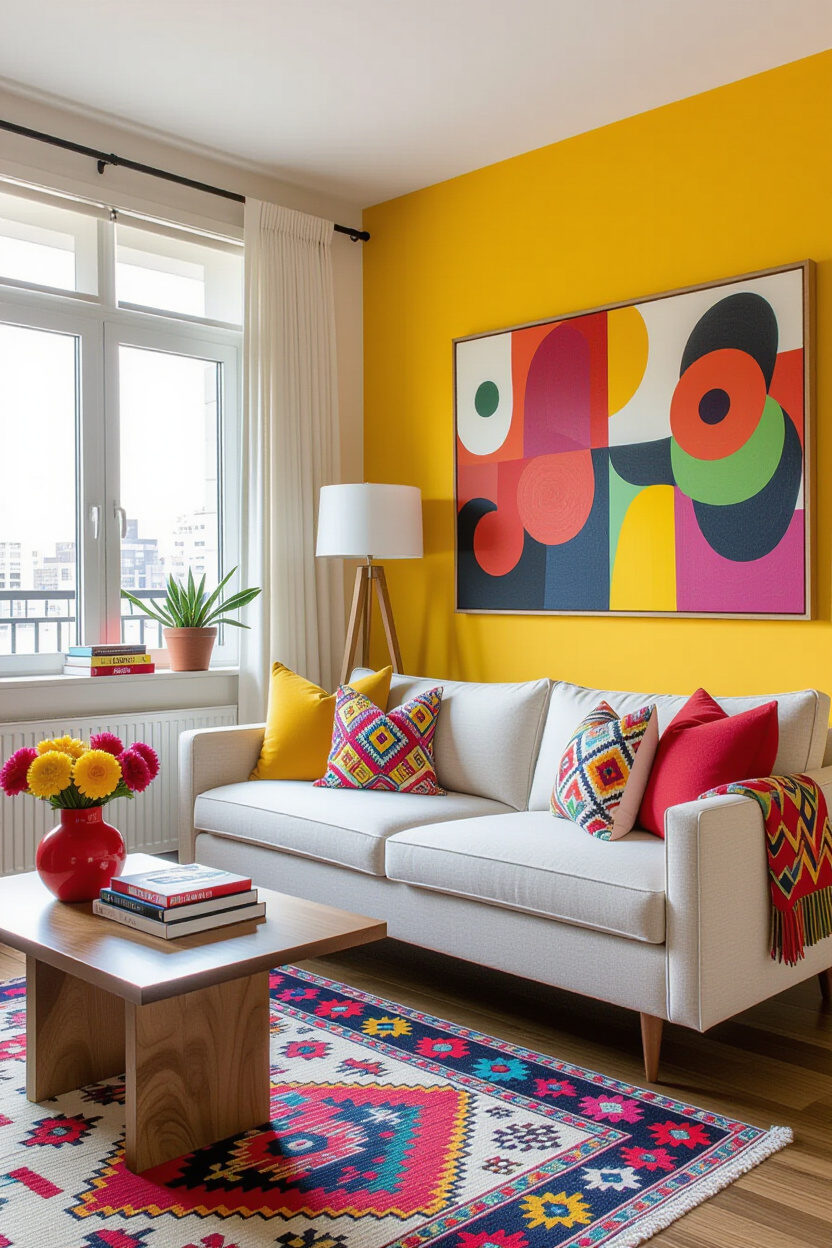 Colorful Apartment Living Room with a White Couch