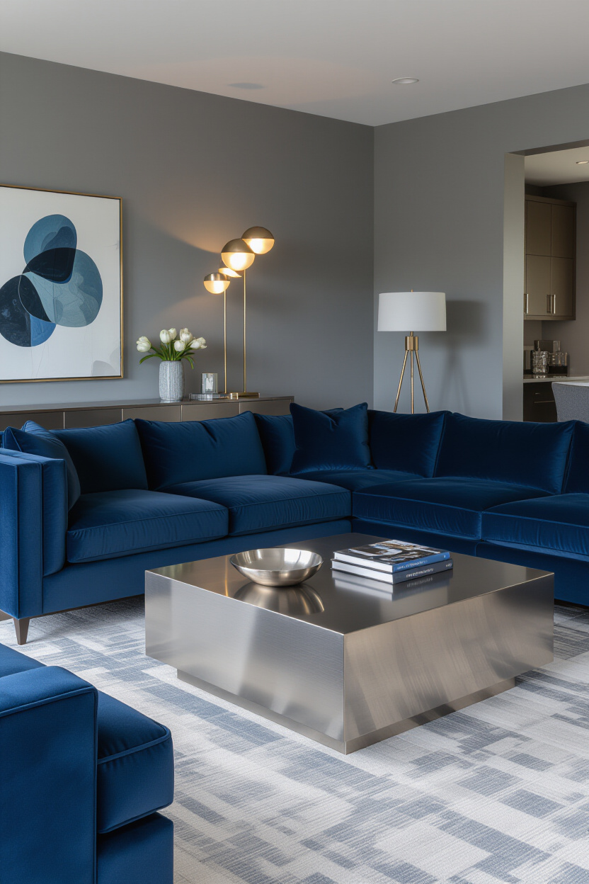 Dark Blue Sofa: Grey and Blue Living Room