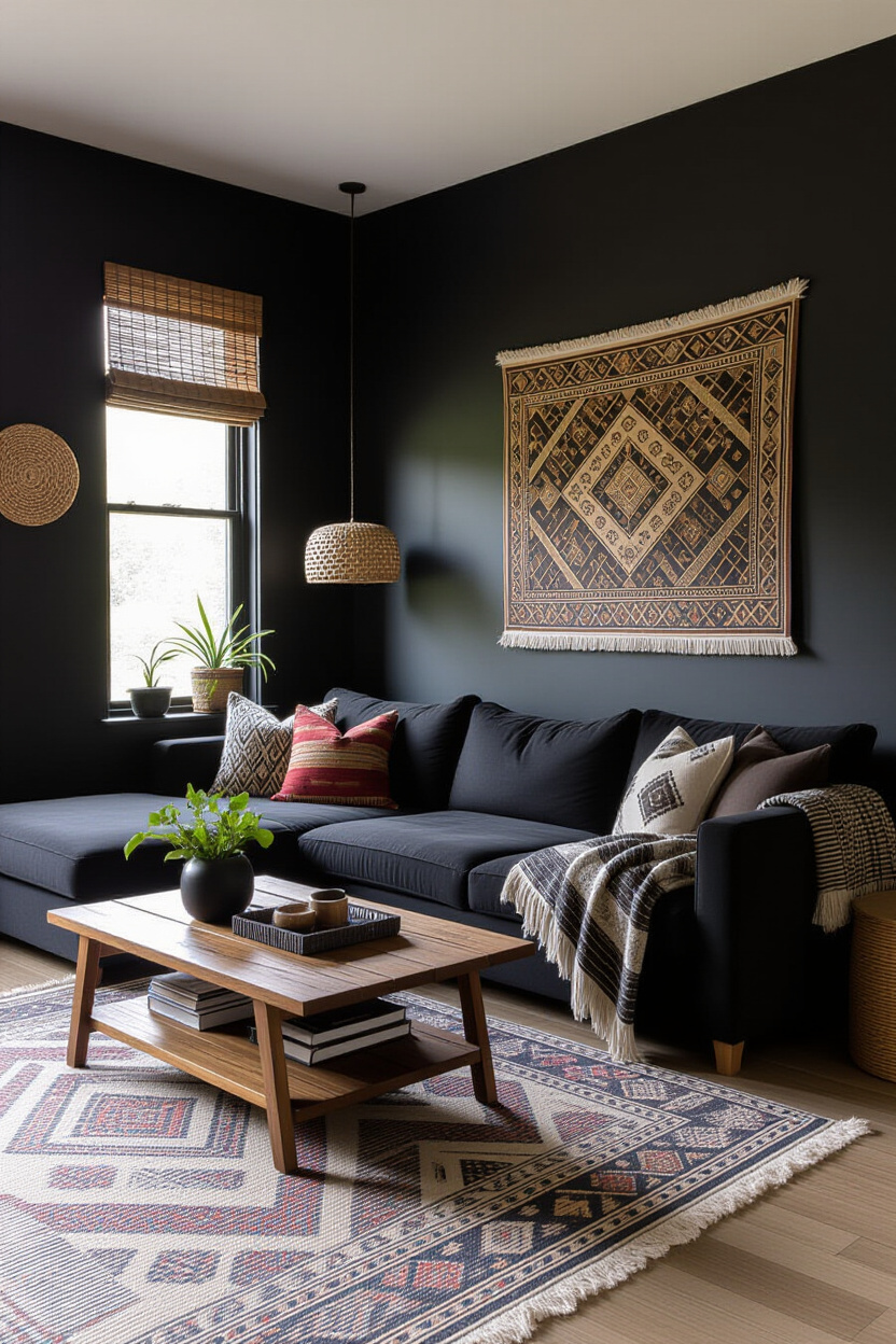 Dark Bohemian Living Room With Black Couch