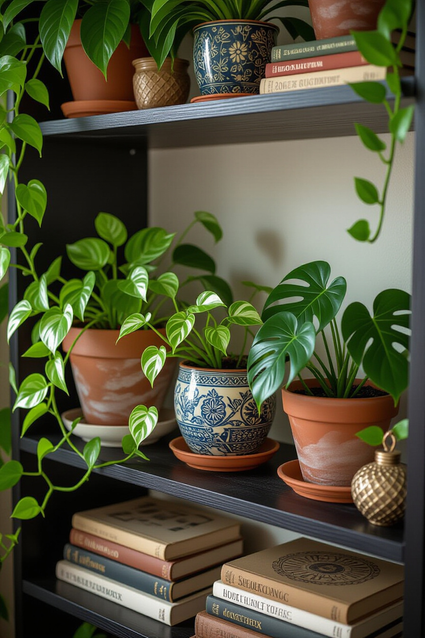 A close-up shot of a dark boho living room shelf overflowing with various houseplants in mismatched 