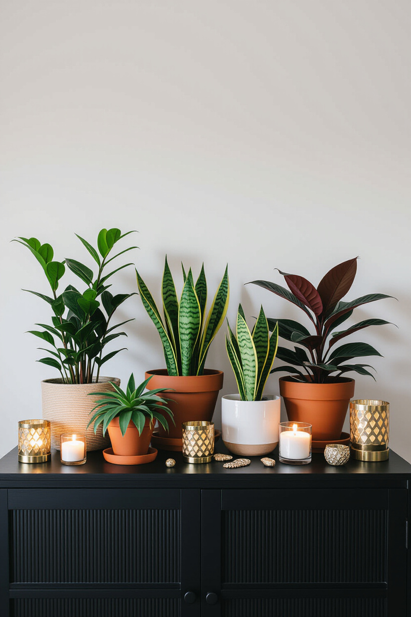 A collection of various low-light tolerant houseplants arranged on a dark wooden sideboard in a diml