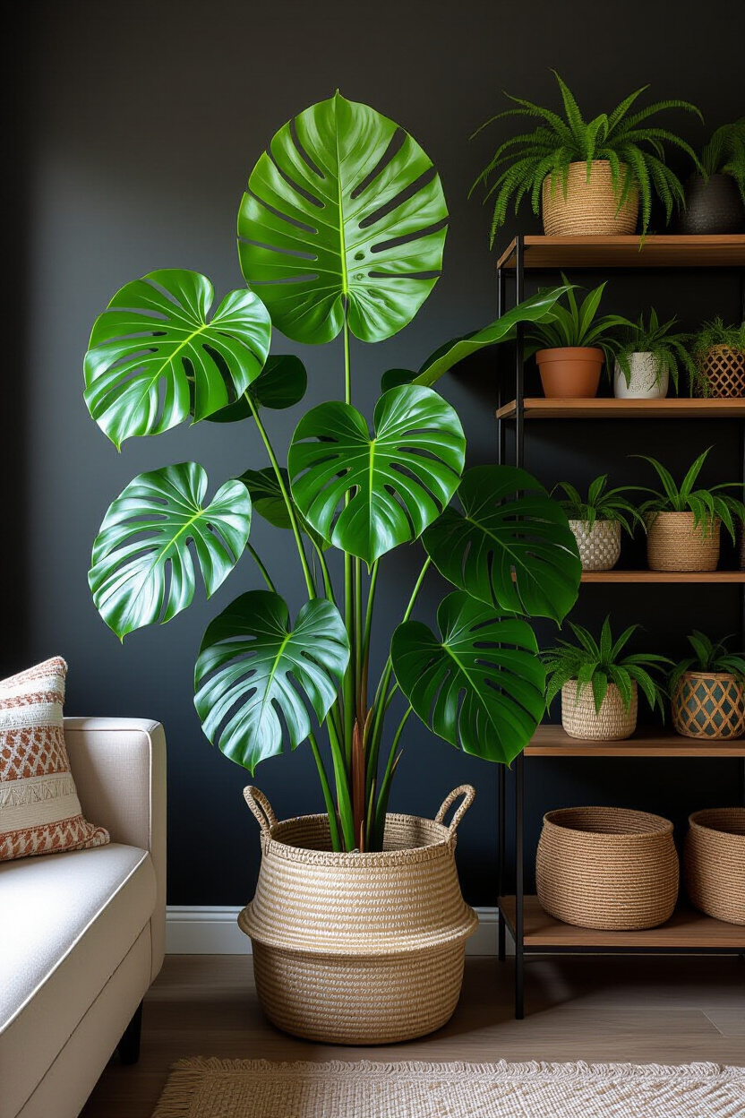 A corner of a dark boho living room featuring a tall Monstera deliciosa in a large, intricately wove