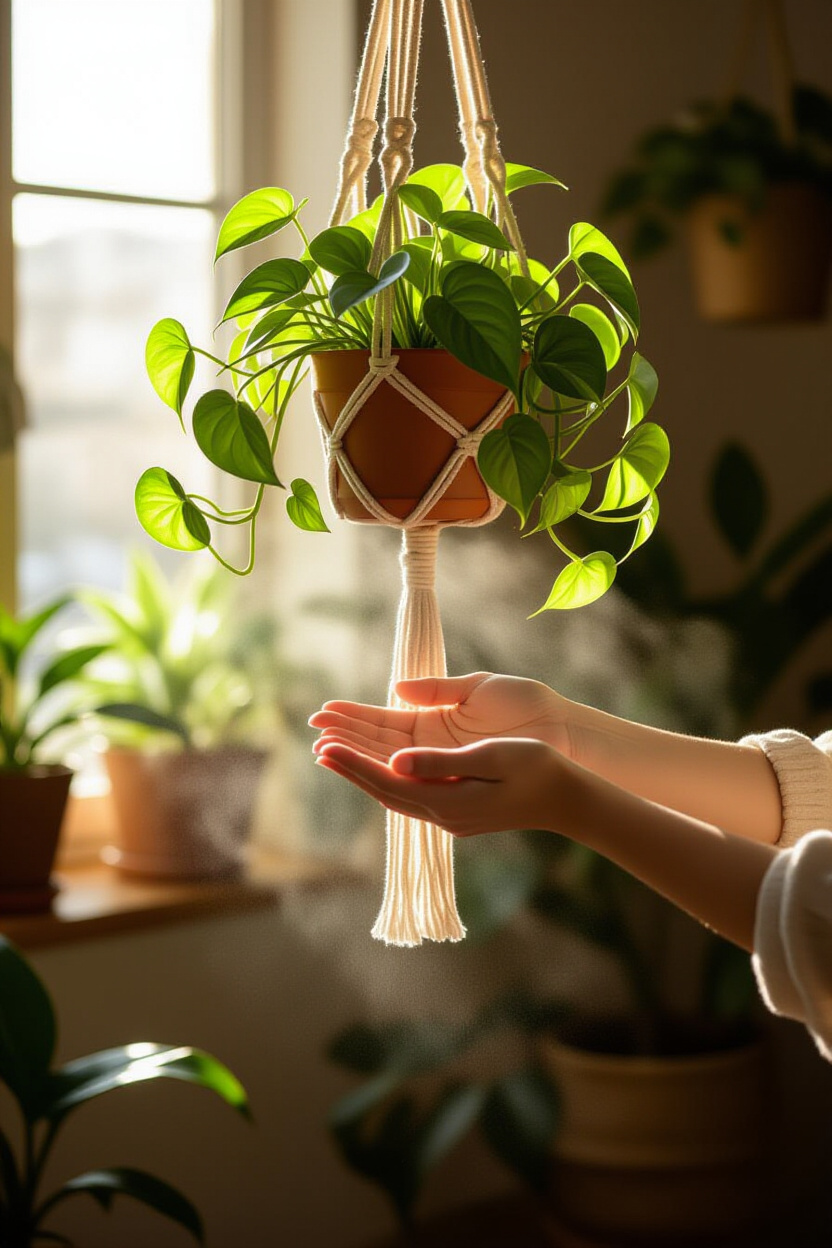 A serene shot of a person's hands gently misting the leaves of a vibrant Pothos plant that hangs fro