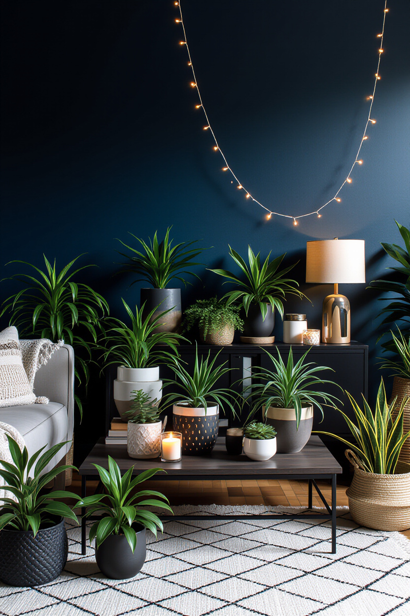 A mood shot of a dark boho living room with deep indigo walls. A collection of plants in various cer
