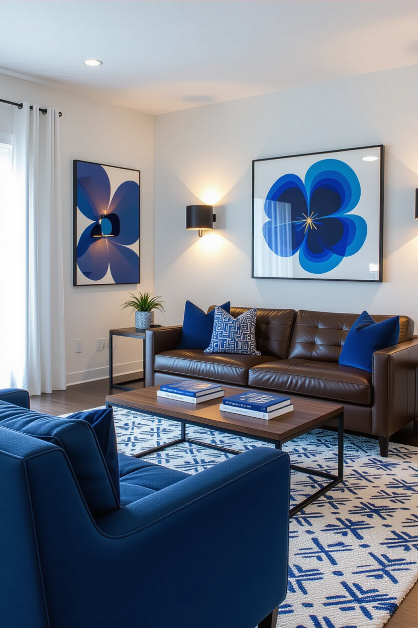 Dark Brown Leather Couch Living Room Blue Accents: Striking Contrasts