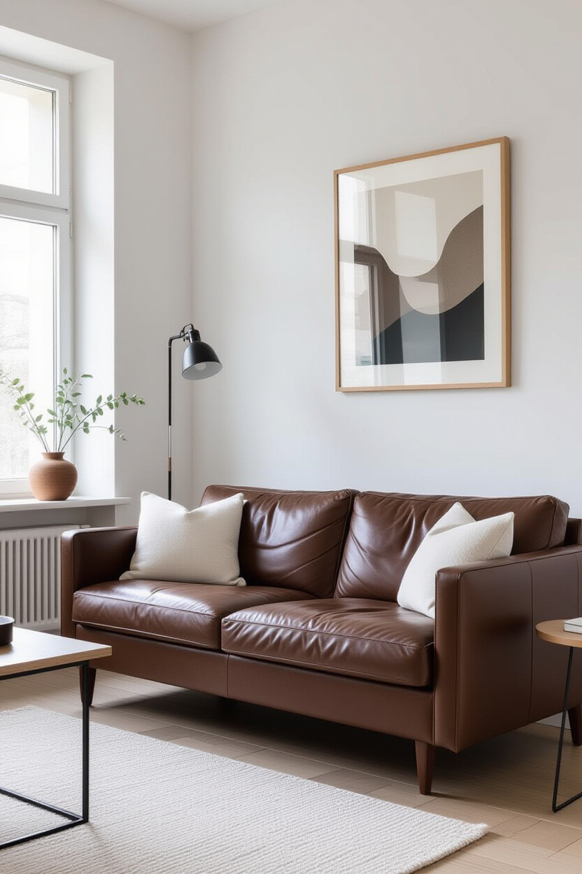 Dark Brown Leather Couch Living Room White Walls: Crisp and Classic