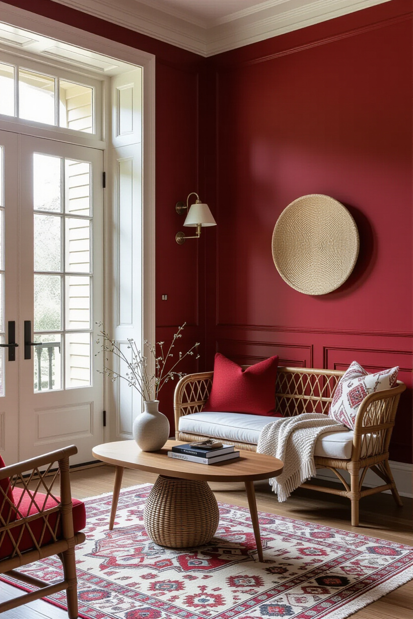 Deep Crimson Living Room Statement Wall